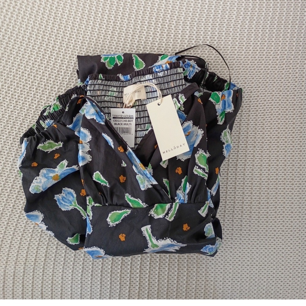NWT Mello Day Cottagecore Black Floral Smocked Back Maxi Dress Puff Slve Slit S - Picture 13 of 14